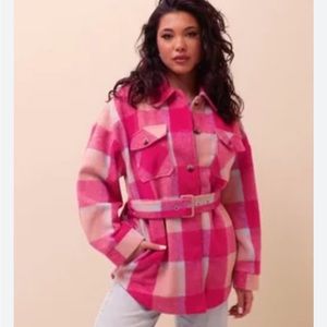 Vibrant plaid shacket with waist tie